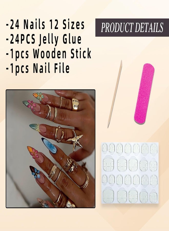 Jremg Colorful French Tip Press on Nails Long Stiletto Fake Nails with Gold Bead Designs Cute Colorful 3D Floral Full Cover Glue on Nails Reusable Glossy Leopard Print False Nails for Women 30Pcs - Image 5