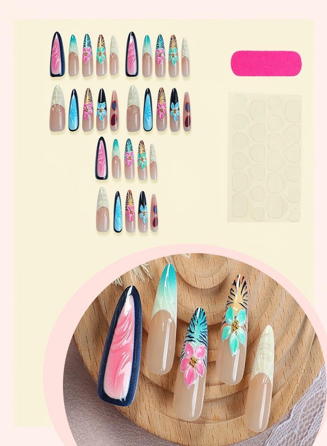Jremg Colorful French Tip Press on Nails Long Stiletto Fake Nails with Gold Bead Designs Cute Colorful 3D Floral Full Cover Glue on Nails Reusable Glossy Leopard Print False Nails for Women 30Pcs - Image 2