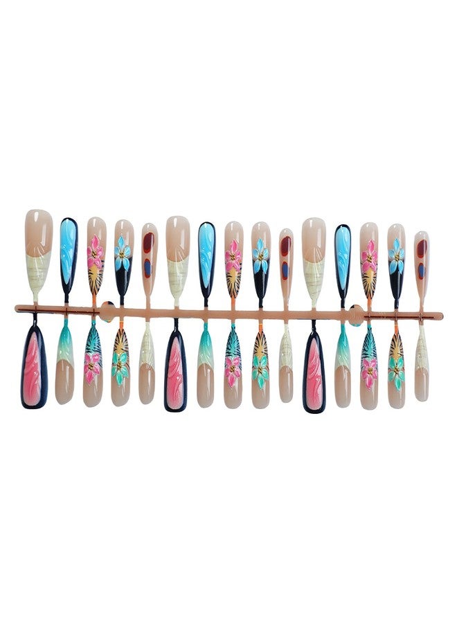 Jremg Colorful French Tip Press on Nails Long Stiletto Fake Nails with Gold Bead Designs Cute Colorful 3D Floral Full Cover Glue on Nails Reusable Glossy Leopard Print False Nails for Women 30Pcs - Image 4