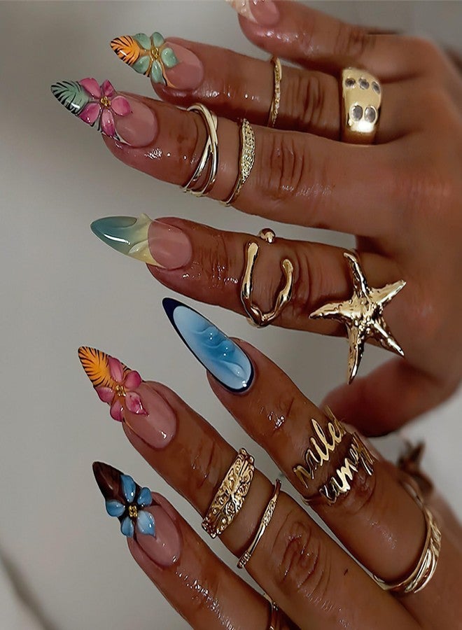 Jremg Colorful French Tip Press on Nails Long Stiletto Fake Nails with Gold Bead Designs Cute Colorful 3D Floral Full Cover Glue on Nails Reusable Glossy Leopard Print False Nails for Women 30Pcs - Image 1