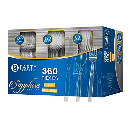 Party Bargains Disposable Cutlery set SAPPHIRE Design Clear Color 360 Pieces 180 Forks 120 Spoons 60 Knives
