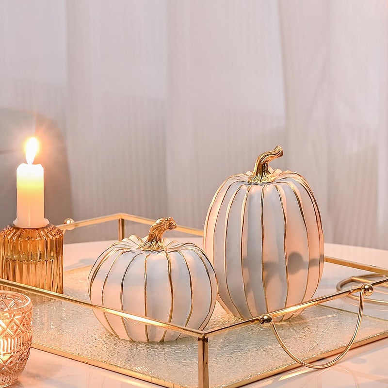 Festglox Fall Pumpkin Decor  2 Pcs Resin Thanksgiving Fake Pumpkin Figurines  White And Gold Pumpkins For Decorating  Fall Decorations For Home  Farmhouse  Harvest Table Centerpiece - Image 1
