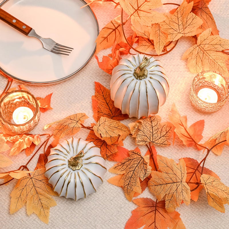 Festglox Fall Pumpkin Decor  2 Pcs Resin Thanksgiving Fake Pumpkin Figurines  White And Gold Pumpkins For Decorating  Fall Decorations For Home  Farmhouse  Harvest Table Centerpiece - Image 2
