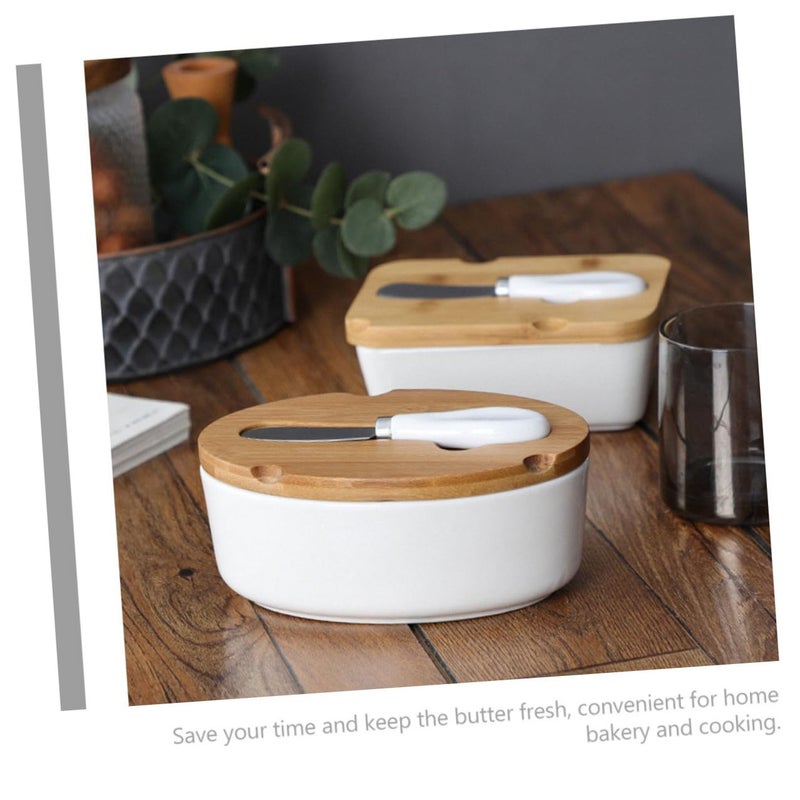 White Ceramic Butter Dish with Lid and Cutter Square Storage Box for Kitchen - Image 4