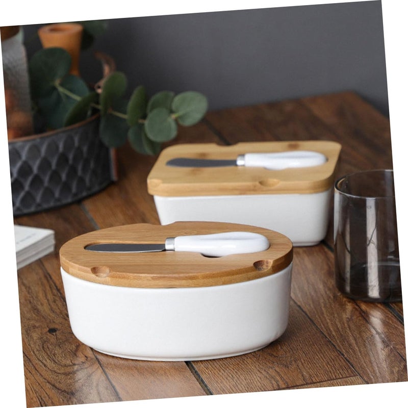 White Ceramic Butter Dish with Lid and Cutter Square Storage Box for Kitchen - Image 5