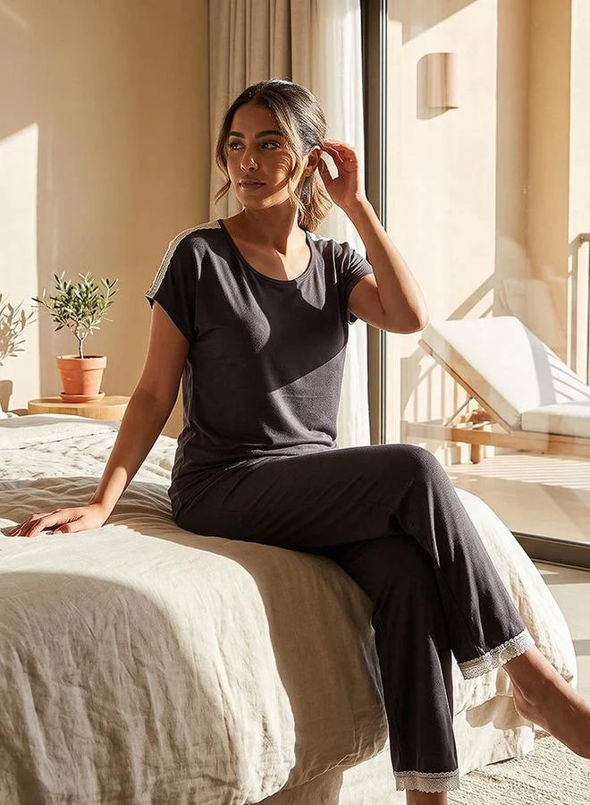 Intimates Pyjama Set Lace Trim T-shirt & Trousers