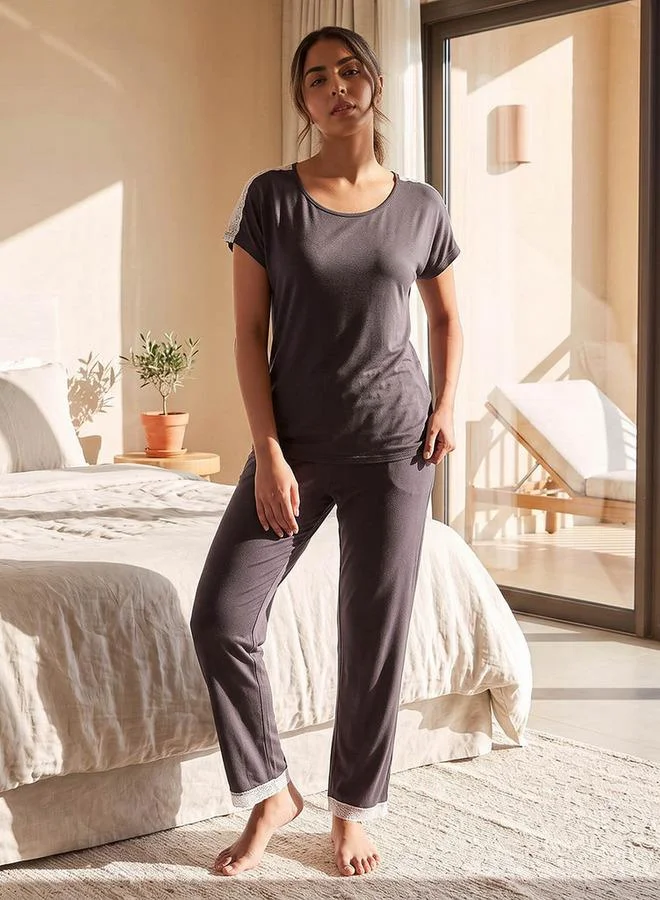 Splash FAV GREY Intimates Pyjama Set Lace Trim T-shirt & Trousers for Women | Best Price UAE