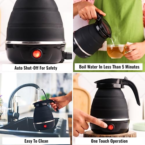 InstaCuppa Foldable Silicone Electric Kettle for Travel, Home & Office, 600 ML, 600 Watts, Fast Boiling, Food Grade Silicone, Collapsible, Portable, Dry Boil Protection, Black - Image 4