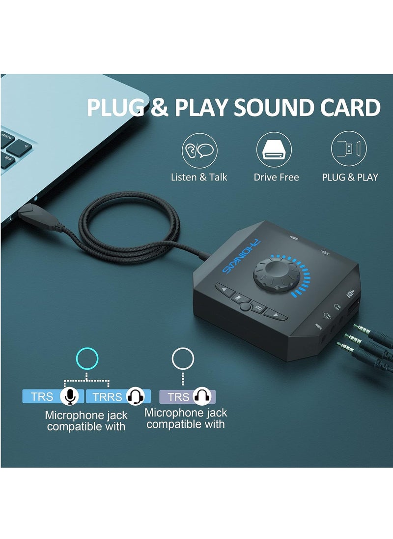 PHOINKAS - T10 External Sound Card,USB Audio Adapter for PC Windows, Mac, Linux, Laptops, Desktops, Stereo Sound Card with 3.5mm Interface & USB Interface, Volume Control, Plug & Play (6-in-1, Black) - Image 1