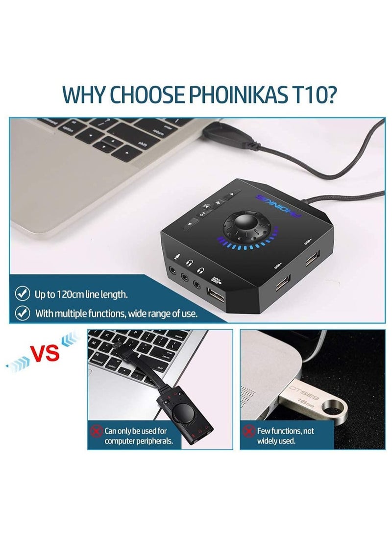 PHOINKAS - T10 External Sound Card,USB Audio Adapter for PC Windows, Mac, Linux, Laptops, Desktops, Stereo Sound Card with 3.5mm Interface & USB Interface, Volume Control, Plug & Play (6-in-1, Black) - Image 1