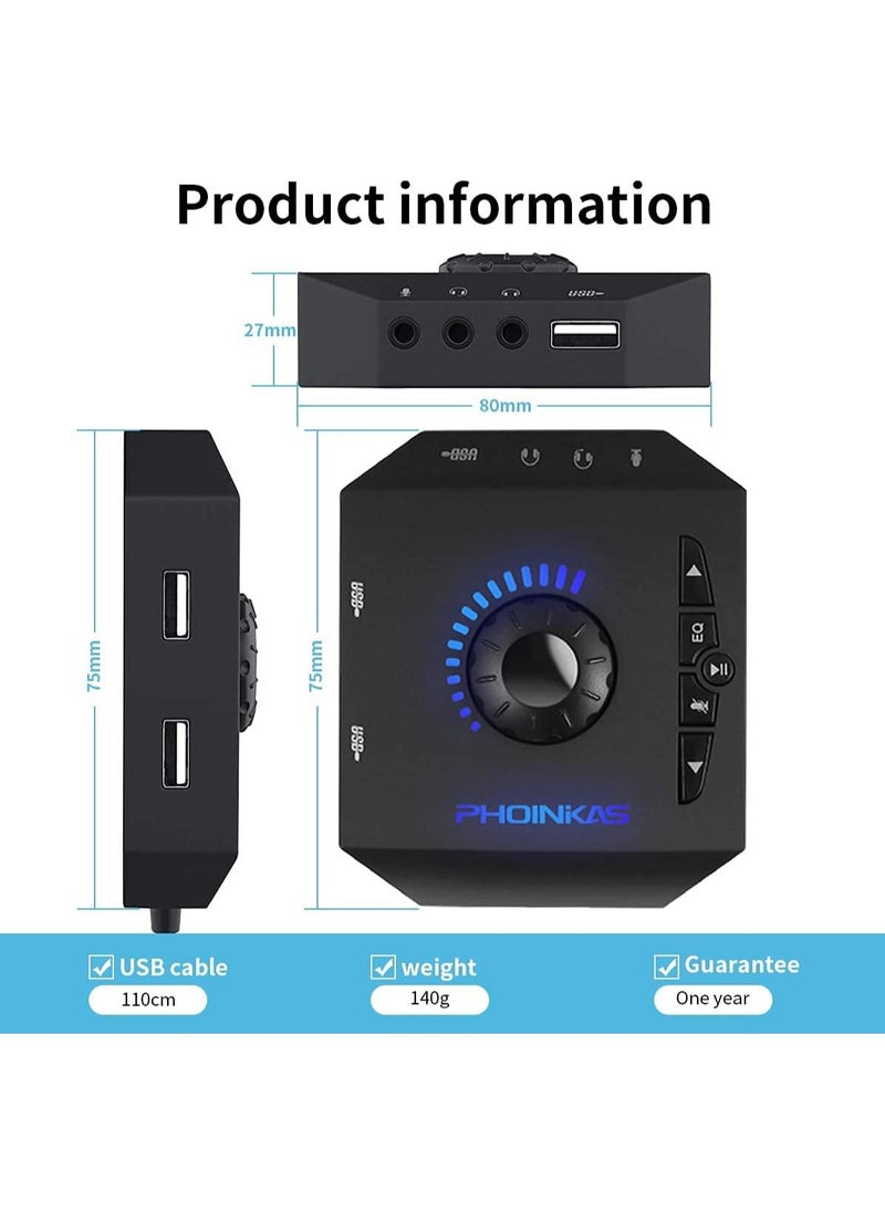 PHOINKAS - T10 External Sound Card,USB Audio Adapter for PC Windows, Mac, Linux, Laptops, Desktops, Stereo Sound Card with 3.5mm Interface & USB Interface, Volume Control, Plug & Play (6-in-1, Black) - Image 1