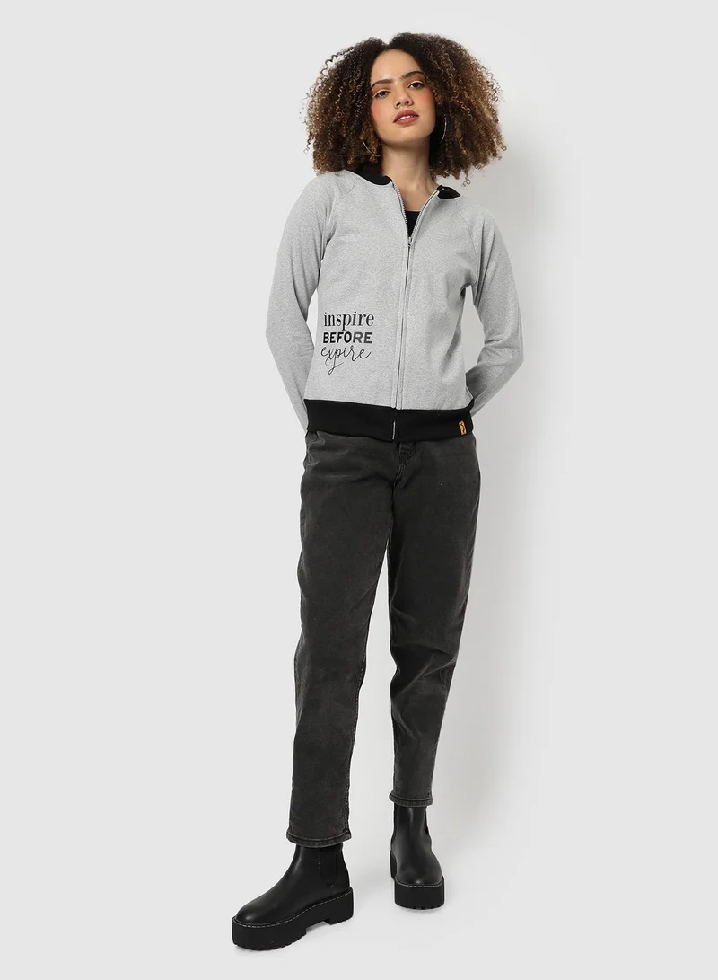 Campus Sutra Women's Light Grey Inspire-Before-Expire Print Zip-Front Sweatshirt