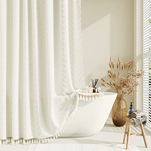 Dynamene Extra Long Shower Curtains, 96 Inches Long Boho Tufted Chevron Striped Fabric Shower Curtains for Bathroom, Tall Minimalist Waterproof Cloth Shower Curtain Set with 12 Hook, Cream, 72x96 - Image 1