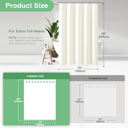 Dynamene Extra Long Shower Curtains, 96 Inches Long Boho Tufted Chevron Striped Fabric Shower Curtains for Bathroom, Tall Minimalist Waterproof Cloth Shower Curtain Set with 12 Hook, Cream, 72x96 - Image 3