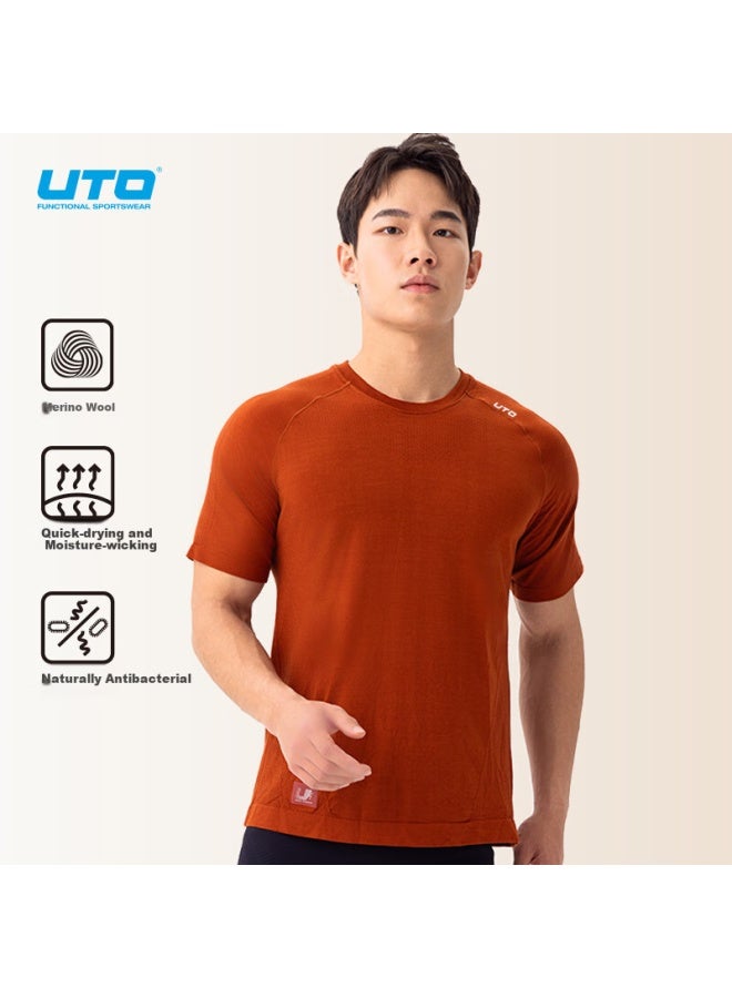 Uto Men's Merino Wool Quick Dry Short Sleeve Sports T-shirt Outdoor Running Hiking Top - Ginger Yellow 2XL - Image 1
