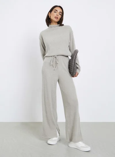 Styli Women Grey Ribbed Wide Leg Knit Pants