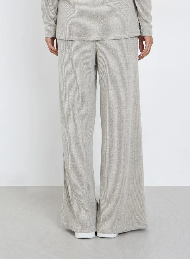 Styli Women Grey Ribbed Wide Leg Knit Pants