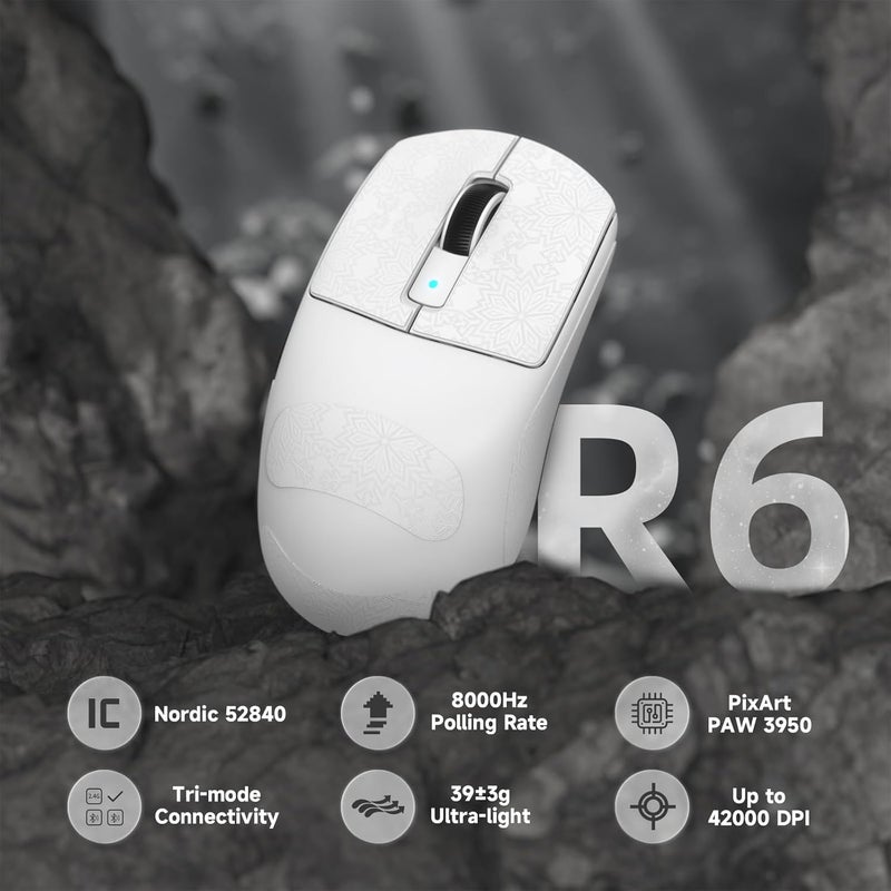 Eweadn ATTACK SHARK R6 LIGHTSPEED Wireless Gaming Mouse, 39G Ultralight Design, HyperSpeed with 8K Hz, PAW3950 Sensor, Nordic52840, 42K DPI for E-sports Game, Tri-Mode Programmable Mice - WhitePro - Image 2