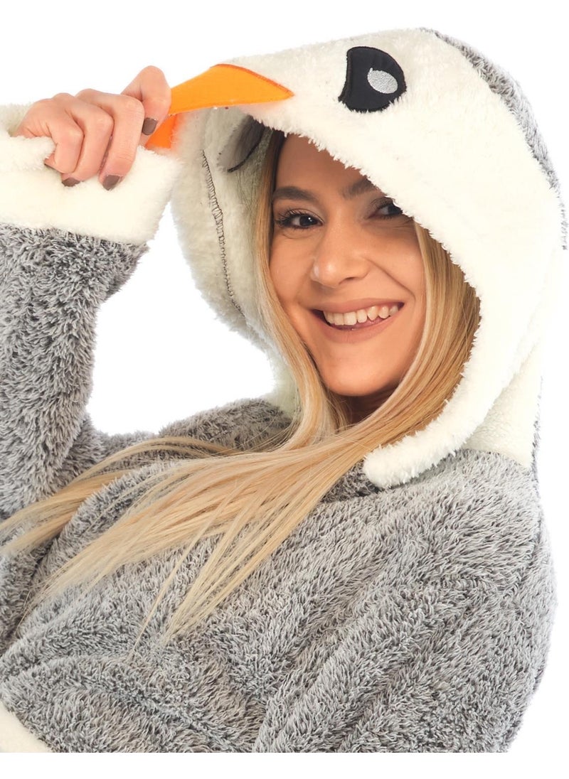 Zeynep Tekstil Penguin Embroidered Hooded Wellsoft Plush Bathrobe S/M  - Image 4