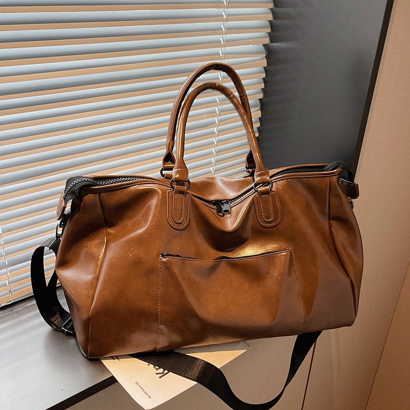 Retro PU Leather Foldable Travel Tote Bag with Large 20-35L Capacity for Men and Women - Image 2