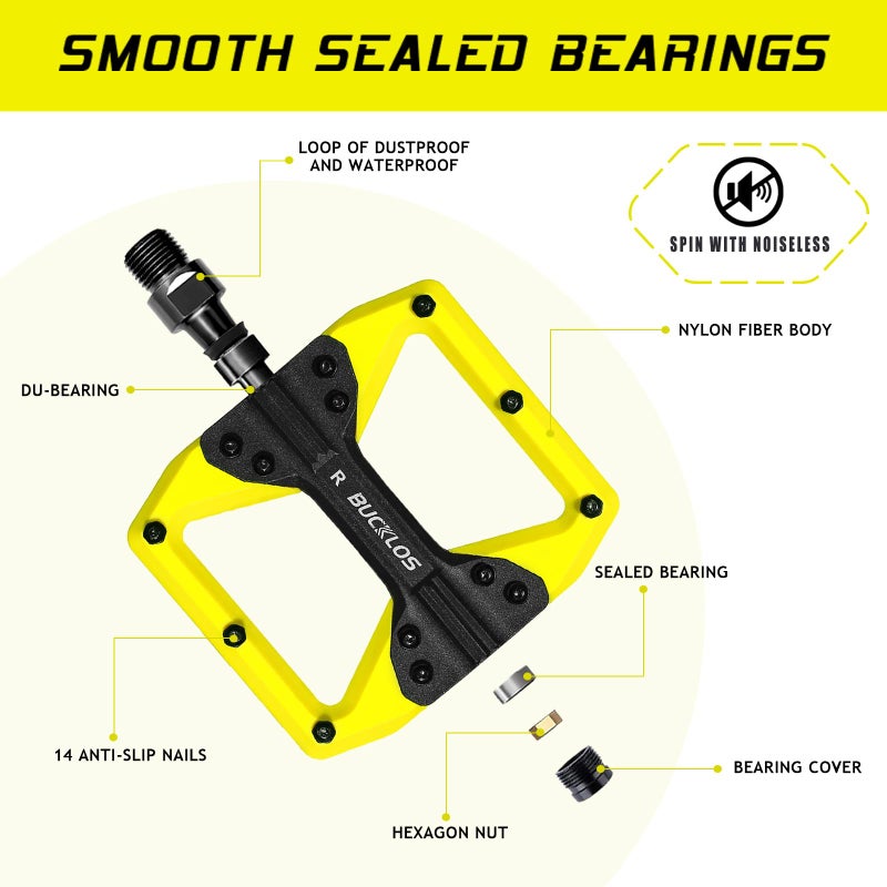 BUCKLOS Mountain Bike MTB Flat Wide Platform Pedals - Bicycle Large Nylon Road BikeNon-Slip Pedal for Ebike/Gravel/Hybrid/Folding Bike 9/16" - Image 2