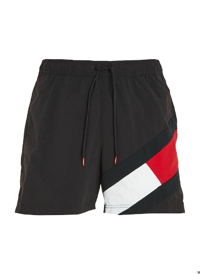 TOMMY HILFIGER Men's Flag Mid Length Drawstring Slim Swim Shorts, Black  - Image 2