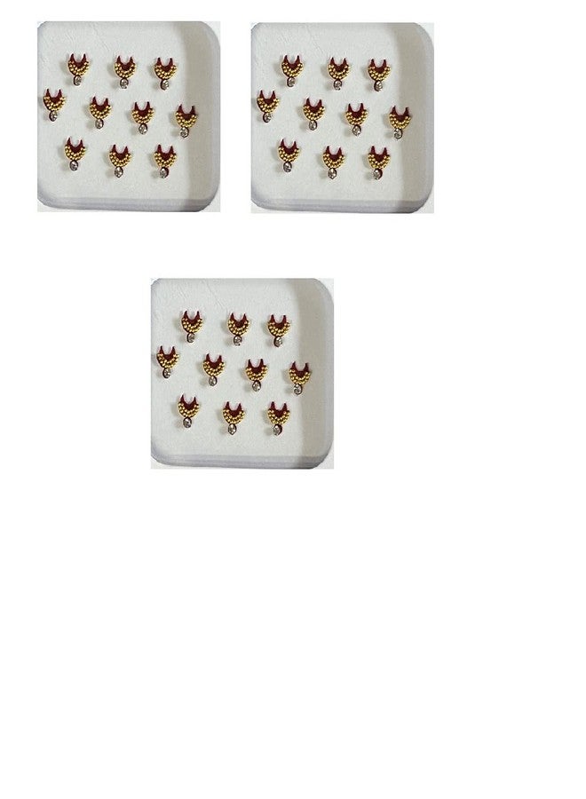 OJ Golden Half MoonShape 2 line Moti Stone Bindi Kumkum Sindoor Chandrakor Sticker Bridal Bindis Wedding Occasional Simple Forehead For Girls & Womens-Size 7 Pack Of 3