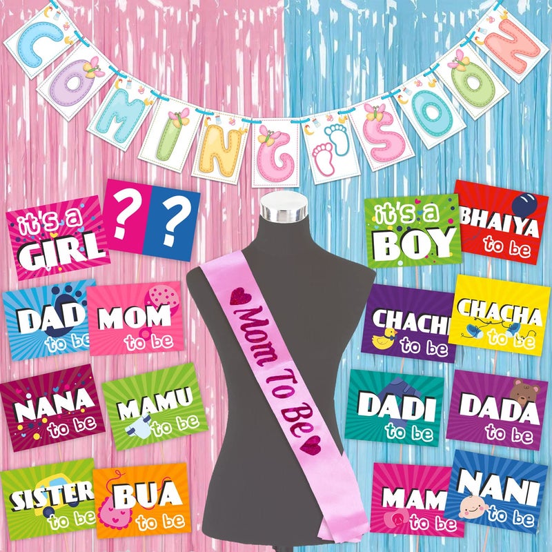 Wobbox Baby Shower Decoration Items| Baby Shower Ceremony Photo Booth Props for Photoshoot, Baby Shower Banner, Mom to Be Sash& Backdrop Foil Curtain, Godh Bharai Ceremony Decoration Kit-(FP2046) - Image 1