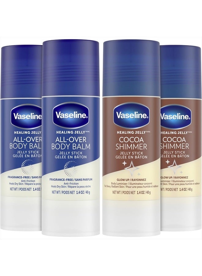 Vaseline Lotion Bundle, Cocoa Shimmer Jelly Stick Highlighter & Luminizer + All Over Body Balm Stick, Vaseline Cocoa Butter, Body Balm Skin Care Set, Petroleum Jelly for Dry Skin (4 Piece Set) - Image 1