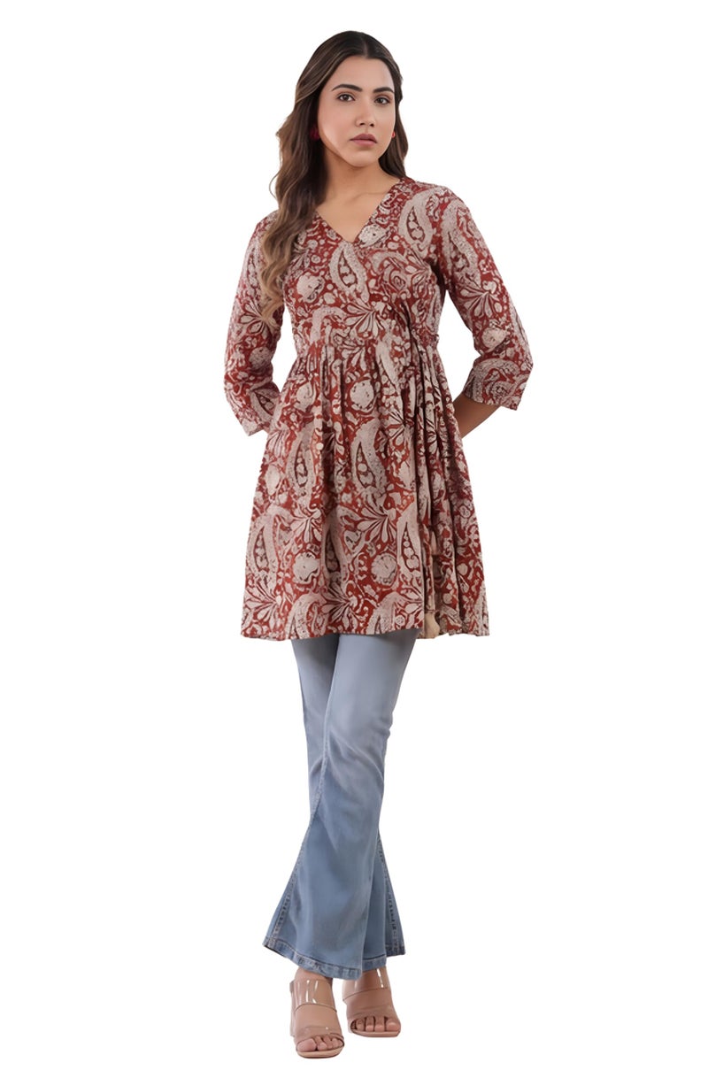 Janasya Women's Maroon Pure Cotton Paisley Printed A-line Tunic (JAA25TU01443-M) - Image 1