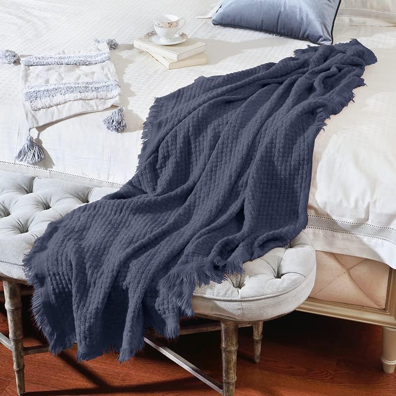 CREVENT Farmhouse Waffle Knit Throw Blanket for Couch Sofa Chair Bed Home Decoration, Soft Warm Cozy Light Weight for Spring Summer Fall (127x152cm Navy Blue) - Image 4