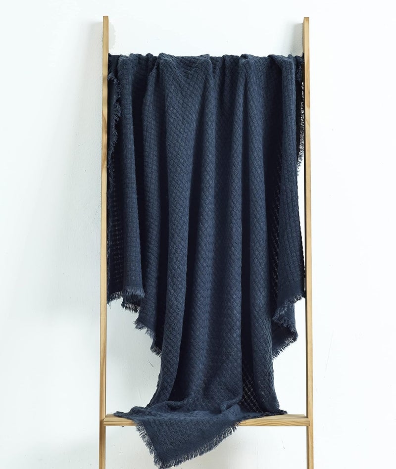 CREVENT Farmhouse Waffle Knit Throw Blanket for Couch Sofa Chair Bed Home Decoration, Soft Warm Cozy Light Weight for Spring Summer Fall (127x152cm Navy Blue) - Image 2