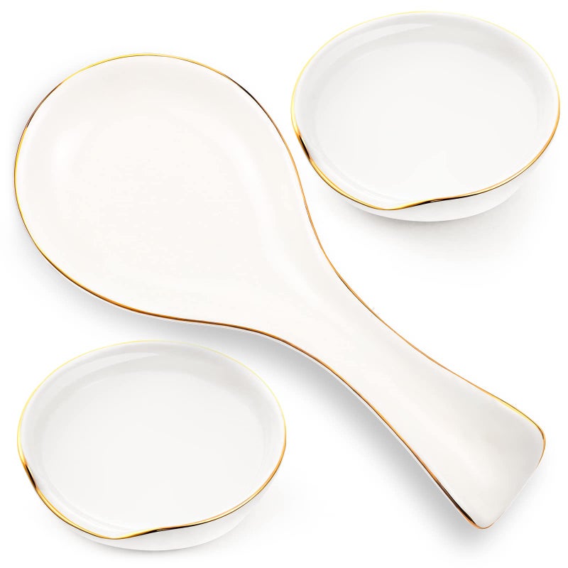 Patelai 3 Pcs Ceramic Spoon Rests Cute Long Cooking Spoon Holder for Countertop Round Teaspoon Rest for Home Kitchen Restaurants Cafe Hotels AccessoriesWhite