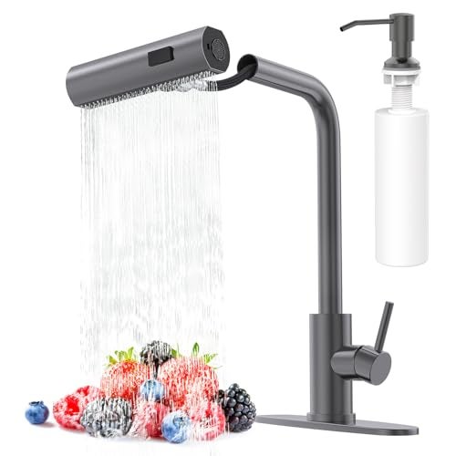 AVSIILE Waterfall Kitchen Faucets with Pull Down Sprayer Soap Dispenser Single Hole Single Handle Pull Out Tap Stainless Steel Sink Faucet in Gray Suitable for Farmhouse Camper Laundry Rv Bar - Image 1