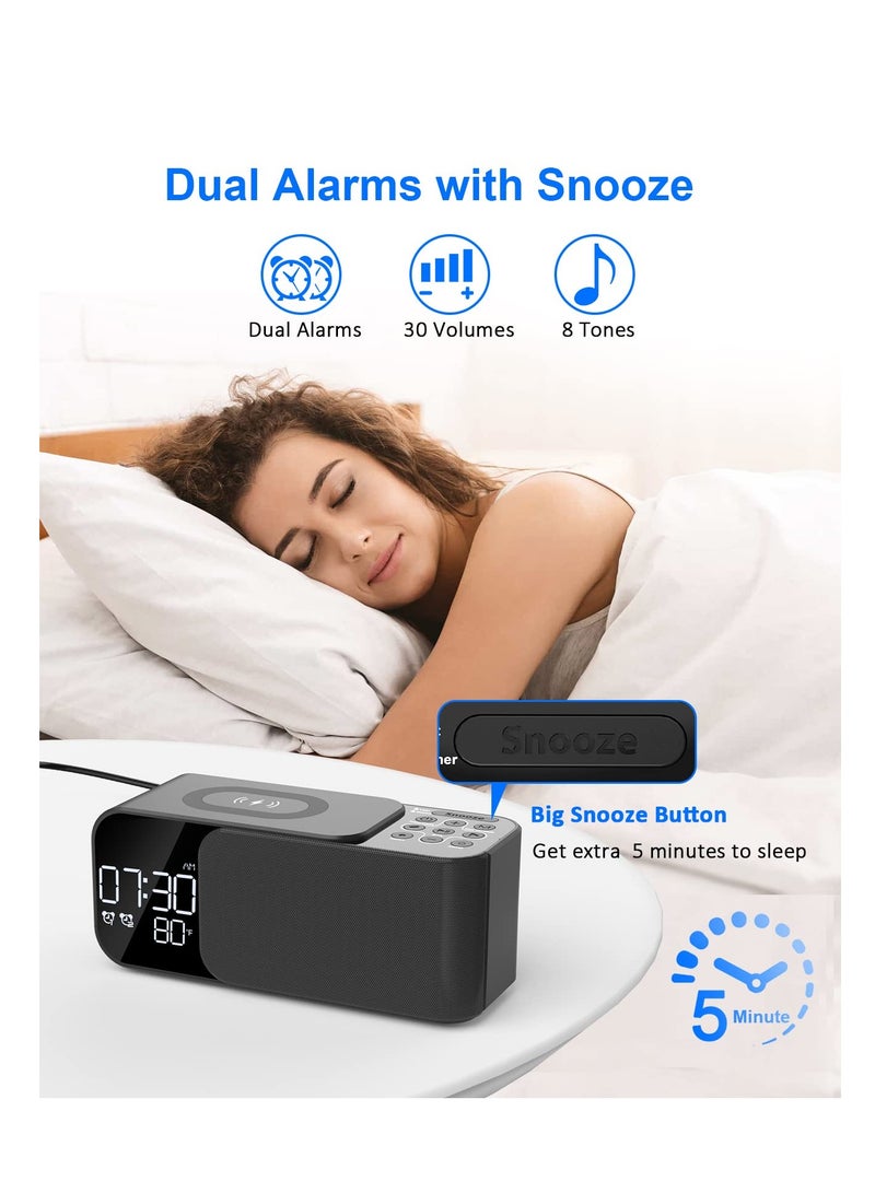 SYOSI Alarm Clock Radio with Wireless Charging & Bluetooth Speaker, Multifunction Fast Wireless Charging Dual Alarm Clock Radio with Bluetooth Audio with LED Display - Image 2