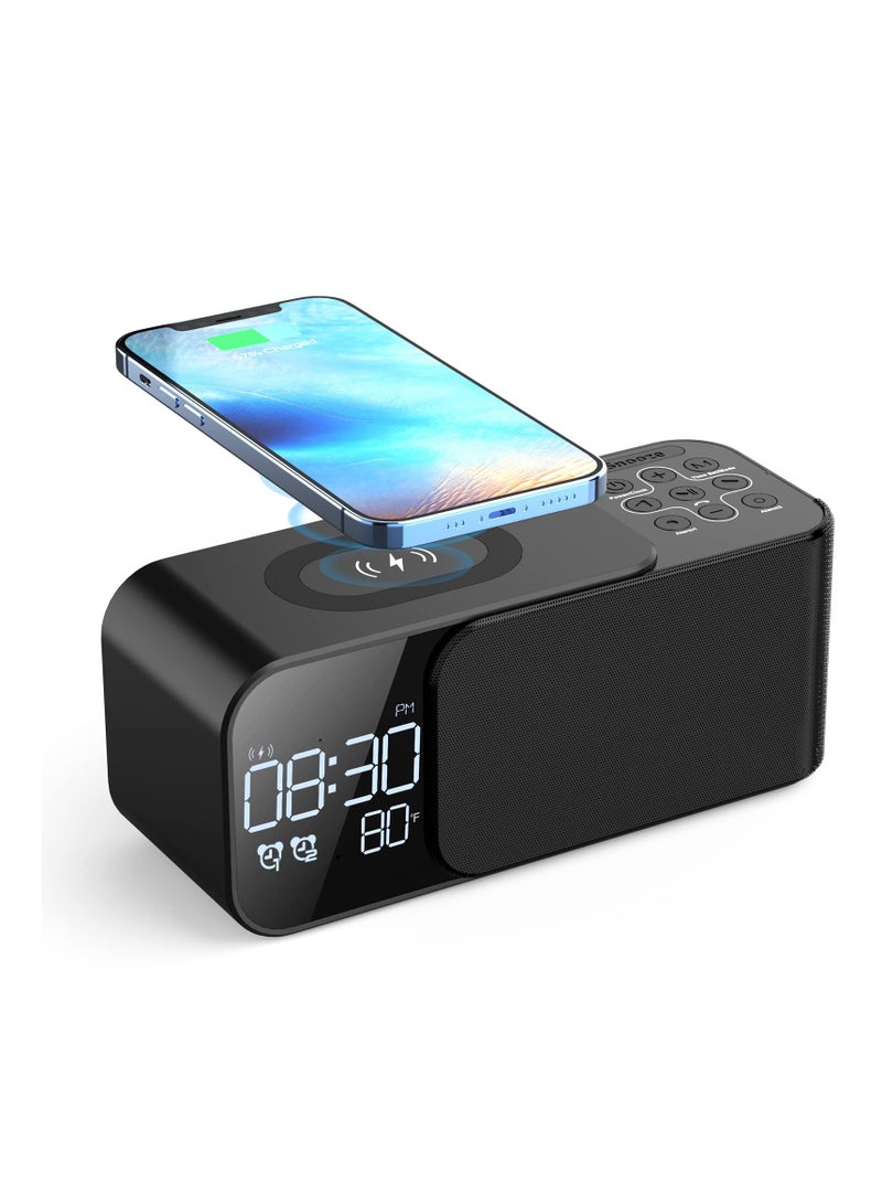 SYOSI Alarm Clock Radio with Wireless Charging & Bluetooth Speaker, Multifunction Fast Wireless Charging Dual Alarm Clock Radio with Bluetooth Audio with LED Display - Image 1