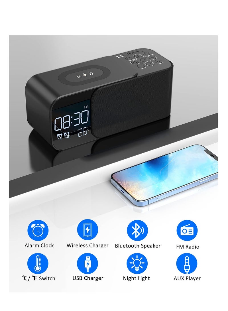 SYOSI Alarm Clock Radio with Wireless Charging & Bluetooth Speaker, Multifunction Fast Wireless Charging Dual Alarm Clock Radio with Bluetooth Audio with LED Display - Image 3