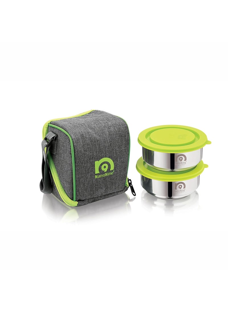 NanoNine - NanoNine Tiffiny Small Pro Double Wall Insulated Stainless Steel Lunch Box with Bag, 375 ml, 2 pc, Green - Image 1