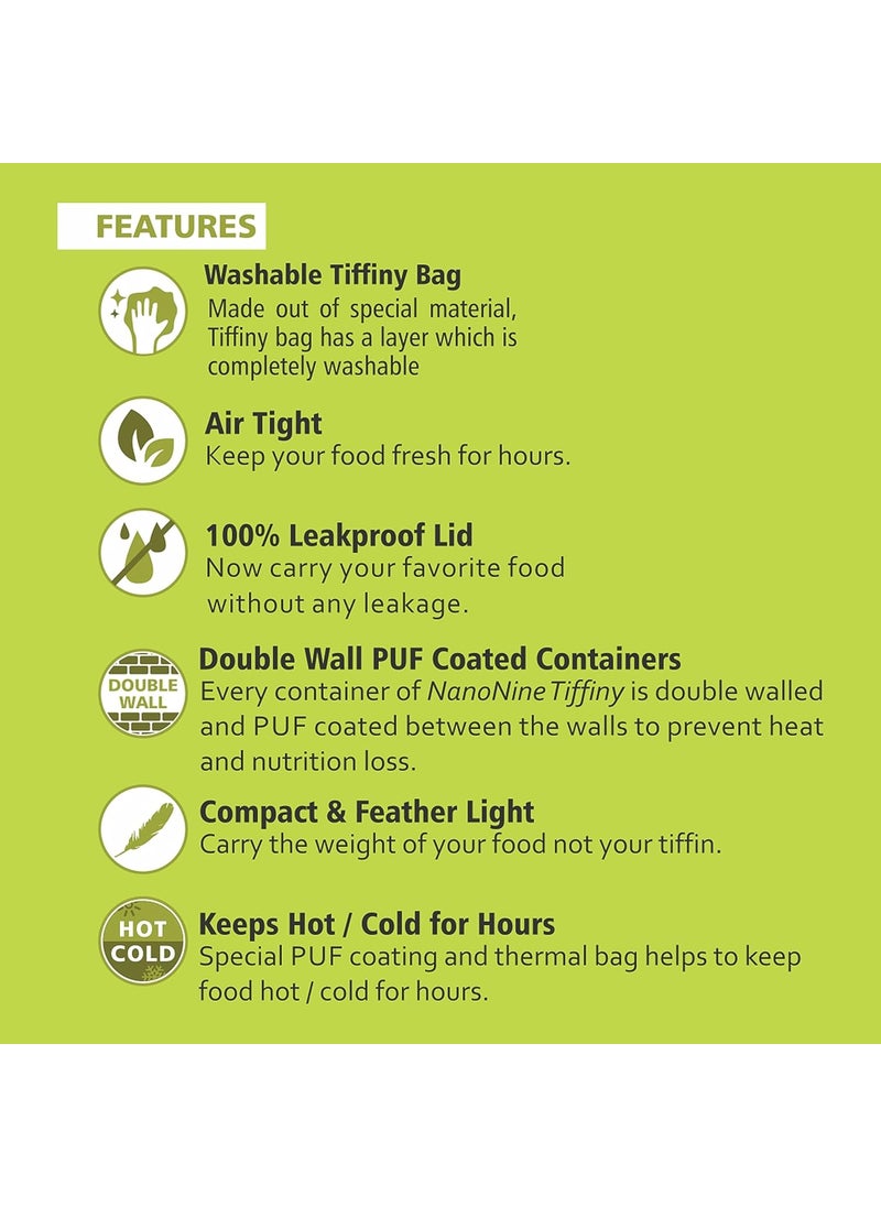 NanoNine - NanoNine Tiffiny Small Pro Double Wall Insulated Stainless Steel Lunch Box with Bag, 375 ml, 2 pc, Green - Image 1