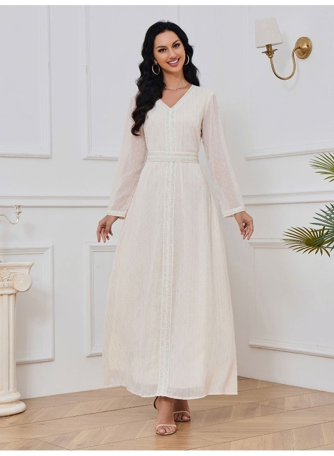 Madam Uniq White Long Sleeve V-Neck Gold Foil Maxi Dress  - Image 1