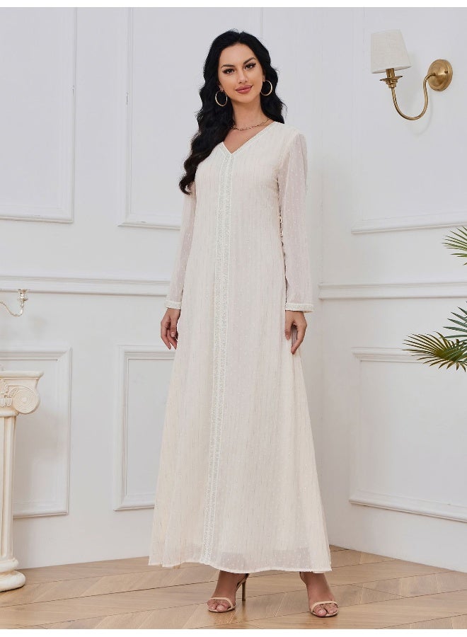 Madam Uniq White Long Sleeve V-Neck Gold Foil Maxi Dress  - Image 3