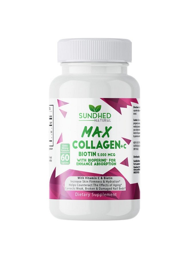 Sundhed Natural Max Collagen Plus C (60 Caps) All Natural Collagen Capsules With Biotin & Bioperine To Boost Anti Aging Hydration & Skin Firmness Collagen Pills To Strengthen Bones & Nails - Image 1
