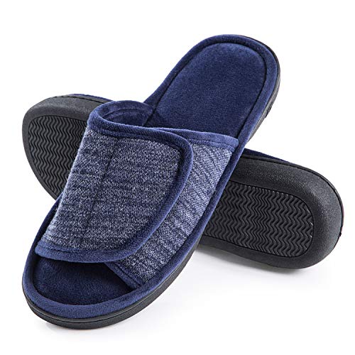 DL Adjustable Men's Memory Foam, Open-Toe House Slippers for Men - Comfy Indoor/Outdoor, Cozy Breathable Slides - Bedroom Velcor Slippers Size 13-14 Navy - Image 1