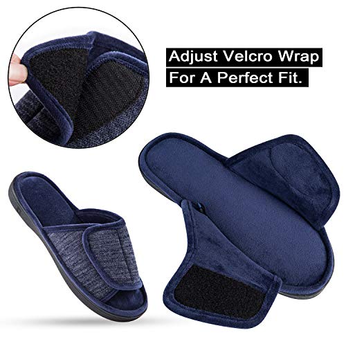 DL Adjustable Men's Memory Foam, Open-Toe House Slippers for Men - Comfy Indoor/Outdoor, Cozy Breathable Slides - Bedroom Velcor Slippers Size 13-14 Navy - Image 3