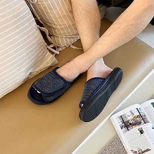 DL Adjustable Men's Memory Foam, Open-Toe House Slippers for Men - Comfy Indoor/Outdoor, Cozy Breathable Slides - Bedroom Velcor Slippers Size 13-14 Navy - Image 2