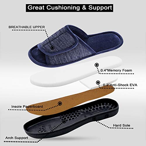 DL Adjustable Men's Memory Foam, Open-Toe House Slippers for Men - Comfy Indoor/Outdoor, Cozy Breathable Slides - Bedroom Velcor Slippers Size 13-14 Navy - Image 4
