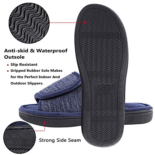 DL Adjustable Men's Memory Foam, Open-Toe House Slippers for Men - Comfy Indoor/Outdoor, Cozy Breathable Slides - Bedroom Velcor Slippers Size 13-14 Navy - Image 5