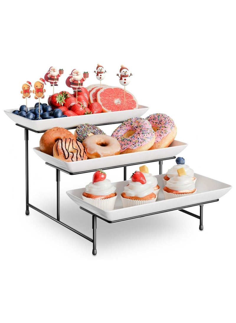 LOOPITYS Dessert Rack 3 Tier*（11.8"*5.7"*1.18"）Pastry Display Stand,Microwave-Safe，White Reusable plastic Trays，with Black Metal Display Stand，Suitable for home and restaurant party buffet Dessert display stand - Image 1