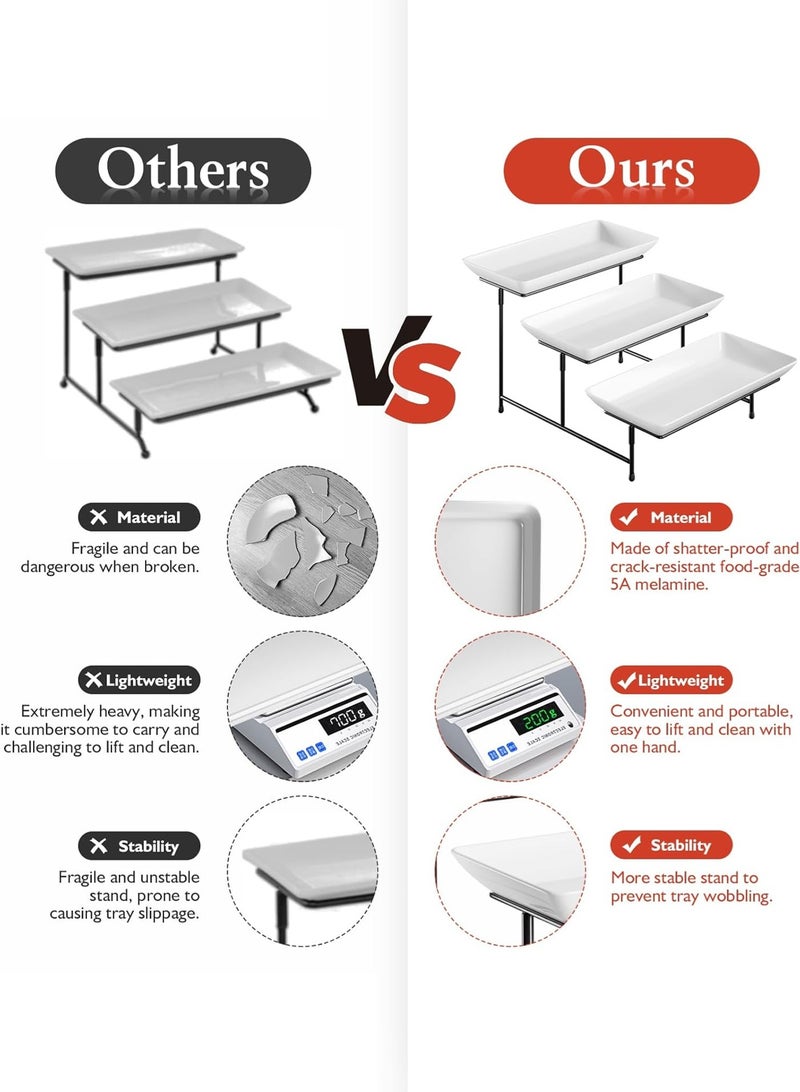 LOOPITYS Dessert Rack 3 Tier*（11.8"*5.7"*1.18"）Pastry Display Stand,Microwave-Safe，White Reusable plastic Trays，with Black Metal Display Stand，Suitable for home and restaurant party buffet Dessert display stand - Image 2