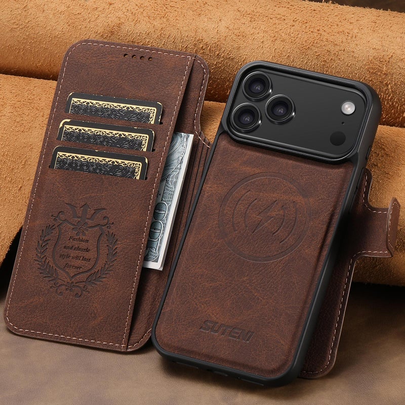 Suteni For Iphone 17 Pro Q05 2-In-1 Multi-Function Magsafe Wallet Litchi Leather Phone Case(Brown) - Image 2